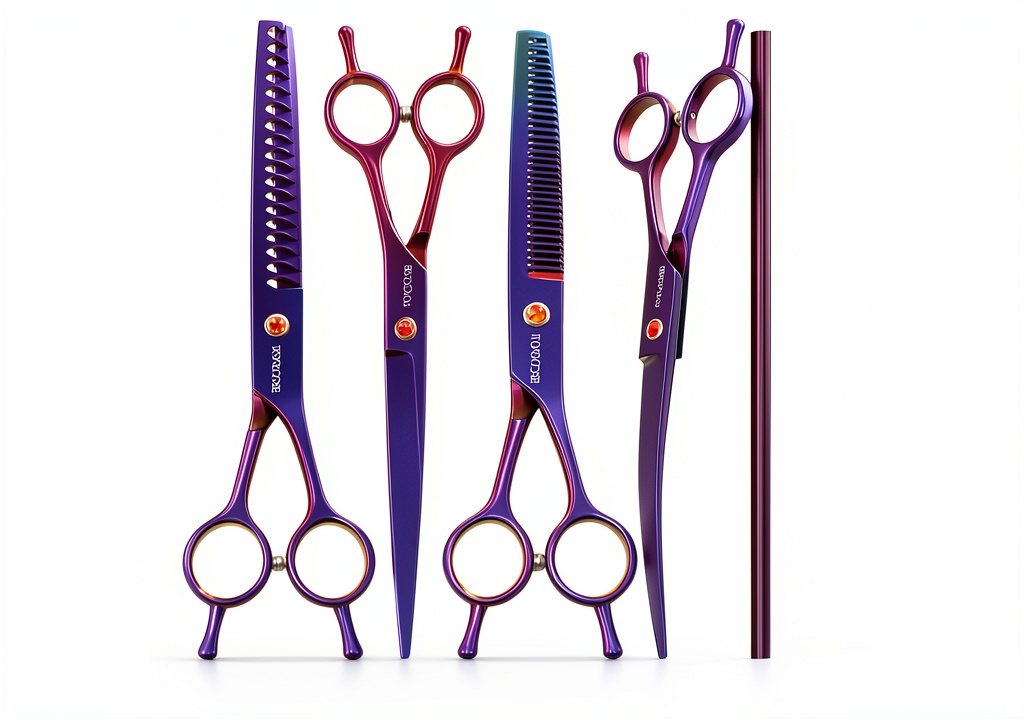 TOPGOOSE Dog Grooming Scissors Stainless Steel Ergonomic set displayed on a grooming table