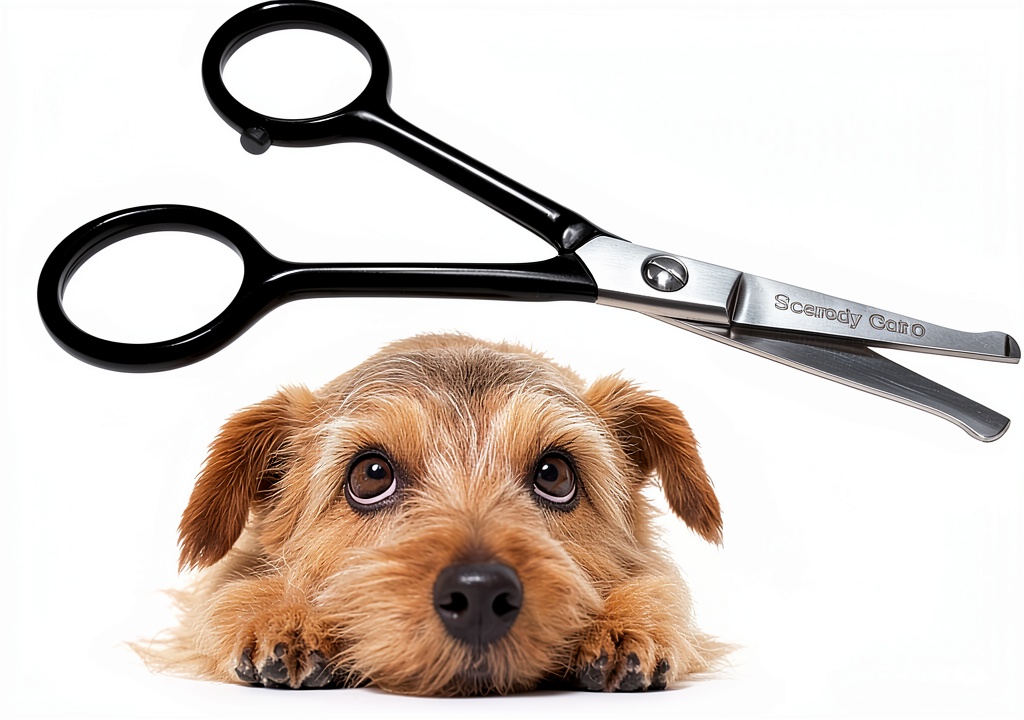 Installing Tiny Trim Safety Scissor Blue Scaredy Cut Pet Grooming on a wooden desk