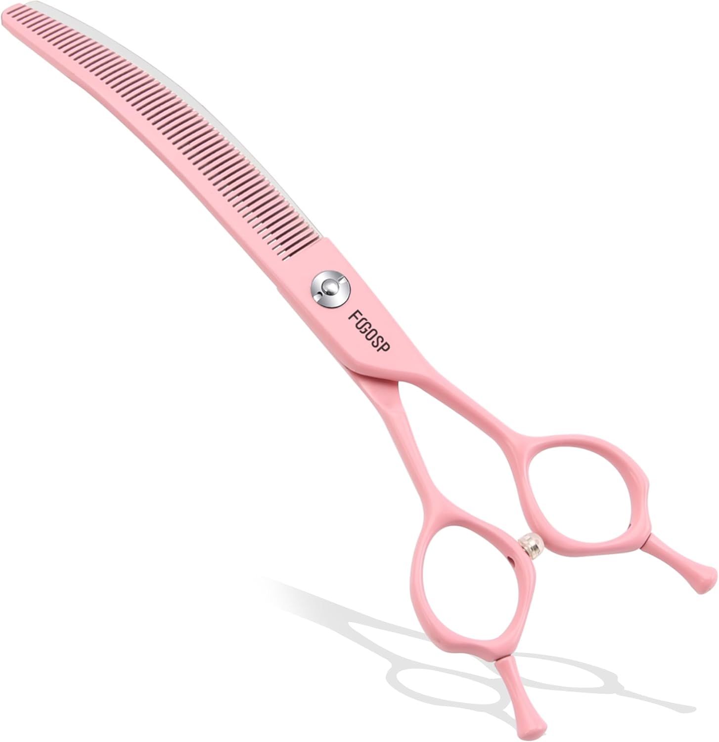 FOGOSP curved thinning shears in Macaron Pink on a grooming table