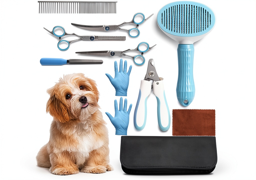 Installing ZONEXCHIC Dog Grooming Kit Stainless Steel Scissors Self on a wooden desk