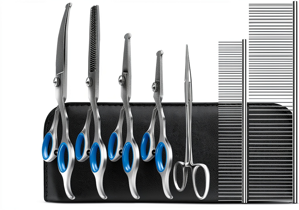 Niura pet grooming scissors kit displayed with all tools on a grooming table