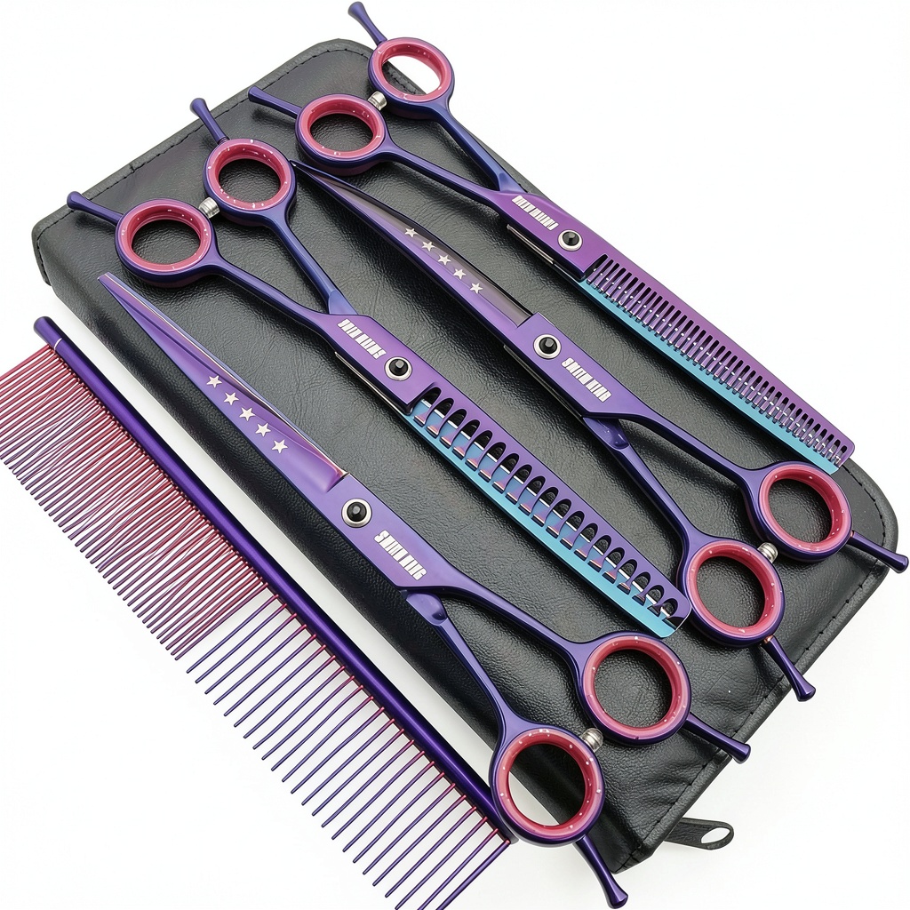 Smithking dog grooming scissors set displayed on a grooming table