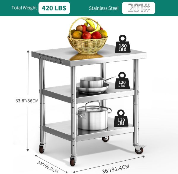 Stainless Steel Workbench YITAHOME 36x24 with Wheels and 3 Shelves-1